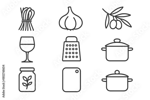 Italian Kitchen Icons. Line style icons of Breakfast Pastries: Danish, Strudel, Biscuit, Cinnamon Roll, Puff Pastry, Crêpe, Scone,