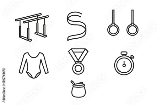 Gymnastics Line Icons. Line style icons of Gymnastics: Parallel Bars, Ribbon, Balance Beam, Rings, Leotard, Medal, Stopwatch,