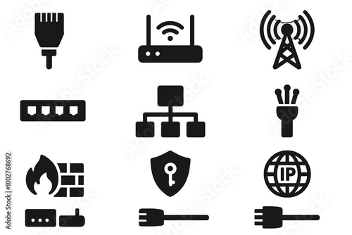 Network Infrastructure Icons. Solid style icons of network infrastructure: ethernet cable, wireless router, signal tower, switch