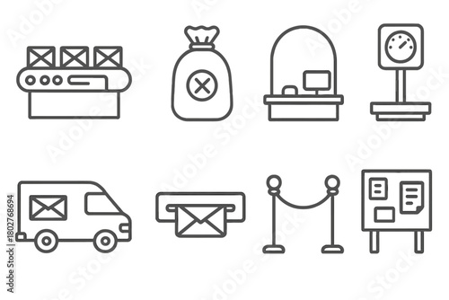 Post Office Icons. Line style icons of Post Office: Sorting Machine, Mailbag, Counter Window, Scales, Delivery Van, Mail Slot,