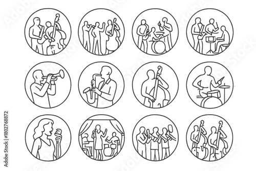 Jazz Band Line Icons. Line style icons of jazz bands in round shape: trio setup, quintet silhouettes, jazz jam session, piano trio