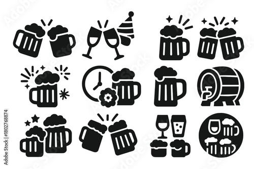Festive Beer Icons. Solid style icons of Celebration: clinking beer mugs, cheers glasses, party hat with beer, foamy toast, beer