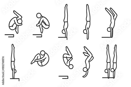 Diving Technique Icons. Line style icons of Diving techniques: tuck dive, pike dive, straight dive, backflip, handstand dive,