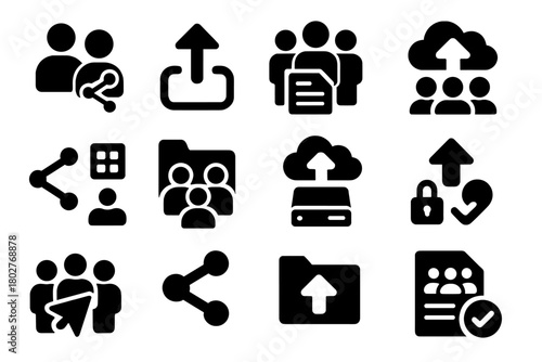 Collaborative Sharing Icons. Solid style icons of share and collaboration: people with share icon, upload with link, group file