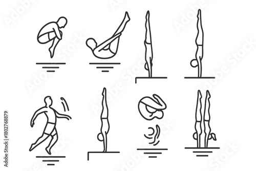 Diving Technique Icons. Line style icons of Diving techniques: tuck dive, pike dive, straight dive, backflip, handstand dive,