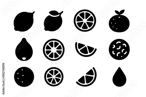 Citrus Fruit Icons. Solid style icons of Citrus fruits: lemon, lime, grapefruit, tangerine, mandarin, pomelo, sliced orange,