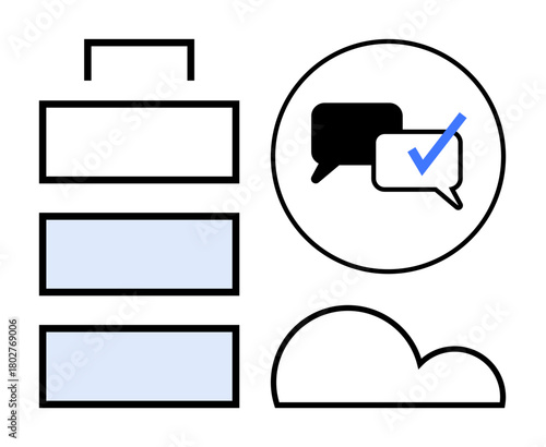 Stacked bar structure, speech bubbles with checkmark, and a cloud icon. Ideal for collaboration, communication, productivity, task completion, workflow systems cloud storage digital tools. Simple