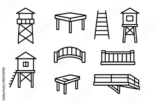 Elevated Structures Icons. Line style icons of Elevated structures: watchtower, platform, lookout post, ladder, stilt house,