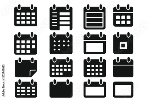 Solid Calendar Icons. Solid style icons of calendar layouts: monthly grid, daily planner, weekly view, yearly calendar, calendar