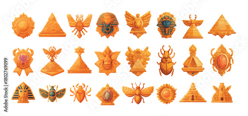 Ancient egyptian gold badges cartoon vector set. Pharaoh mask scarab beetle pyramid medal sphinx hieroglyph treasure artifact egypt mythology culture history desert antique golden symbol game asset