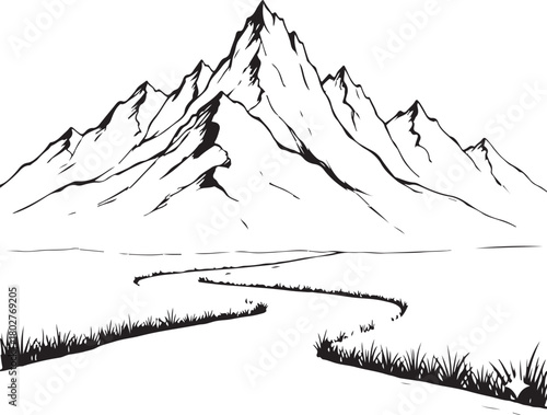 Stylized hand drawn mountain range with winding path or river and grass in a minimalist black and white line art illustration.