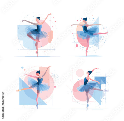 Ballet dancer female cartoon vector concept. Performing women in pointe shoes and a tutu black hair, pale elegant clothing geome