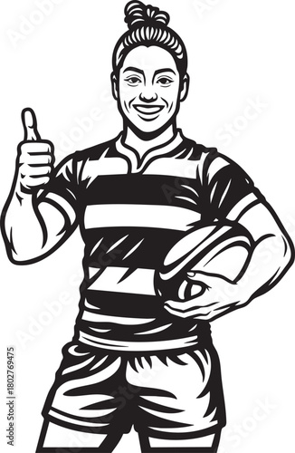 Rugby player giving thumbs up, holding ball, wearing striped jersey.
