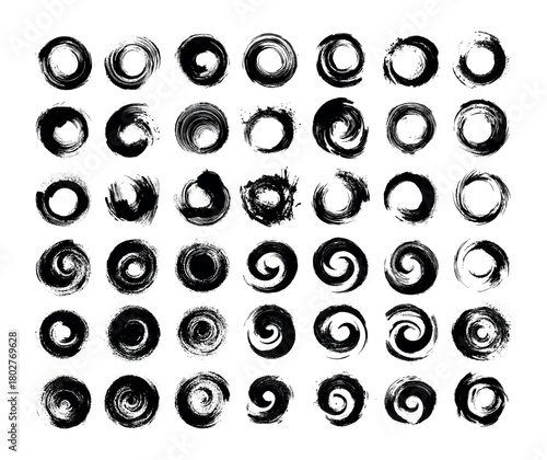Black ink brush stroke circles vector set. Round grunge ringed distressed surface whirl spiral texture swirl abstract painted shape vortex element watercolor distress isolated on white
