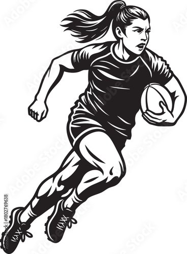 A dynamic black and white illustration of a female rugby player running with the ball during a game.