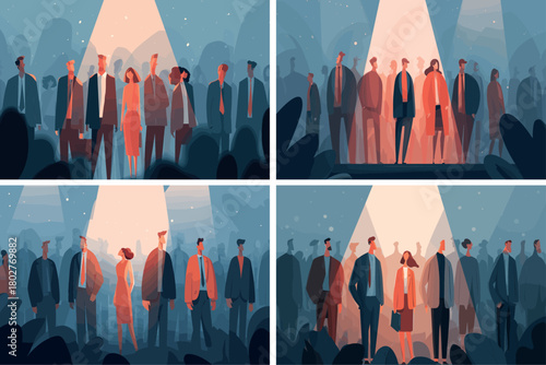 Business people crowd cartoon vector set. Spotlight leadership selection recruitment chosen candidate human resources concept hiring job interview career opportunity success best choice search