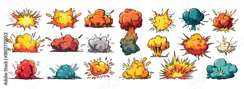 Cartoon bomb explosion effects vector set. Comic burst cloud blast smoke fire energy ignition fumes blaze force boom detonation puff debris flames element isolated on white background