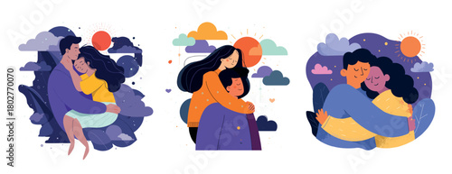Characters giving a hug cartoon vector set. Couple in love with clouds and stars, family of two dreamy relationships cosmic style purple colors isolated on white background