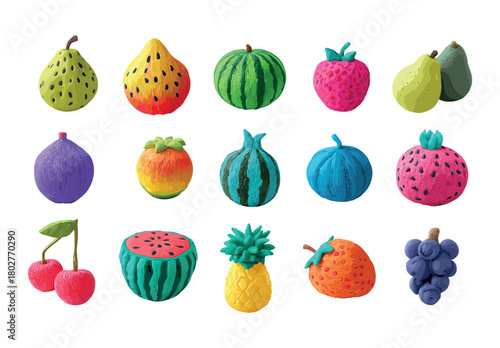 Clay fruit vector set. Handmade plasticine modeling colorful food tropical fresh organic healthy eating creative kids craft texture illustration isolated on white background