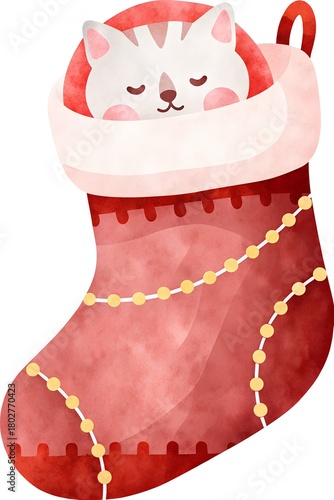 Cute cat sleeping in a festive red Christmas stocking with a soft collar