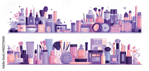 Cosmetics beauty makeup products cartoon vector set. Bottles containers vials applicators lipcolor rouge eyeshadow skincare jars brushes lipstick blush palette shelf isolated illustration