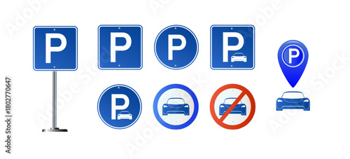 Car parking eco electric icon set. Parking and traffic signs isolated on white background. Map parking pointer. Vector