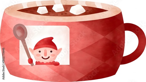 Elf inside a giant red mug of hot cocoa with marshmallows  