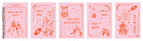 Whimsical bachelorette party poster set with disco ball, pink cocktail and champagne glasses. Hand drawn cheers and toast illustration with raising hands with wineglass in playful retro style