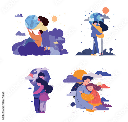 Couple giving a hug cartoon vector set. Characters in love holding clouds and planets, family of two dreamy relationships cosmic style purple colors isolated on white background