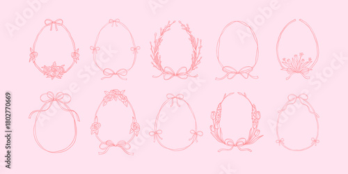 Set of springflower hand drawn doodle Easter egg frames. Whimsical bow ribbon cute borders. Floral willow, tulip, rose, peony wreath. Wedding, birthday, catholic celebration invitation tepmlate
