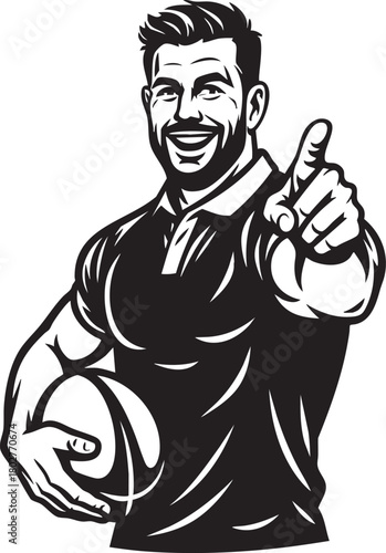 Black and white illustration of a muscular man holding a rugby ball and pointing.