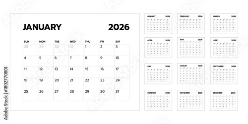 Set of calendar 2026 template modern vector design.