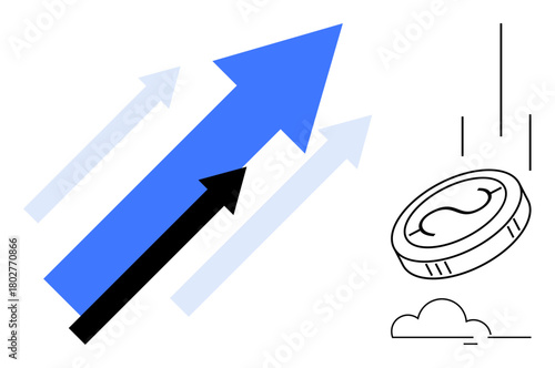Bold arrows pointing upward alongside a coin descending visually symbolize business progress, investment, and success. Ideal for finance, strategy, growth, trends, innovation, achievement simple