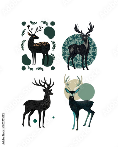 Deer with branched antlers cartoon vector concept. Elk looking around hooves ears full height, artiodactyla in leaves and shapes forest animal isolated on white background