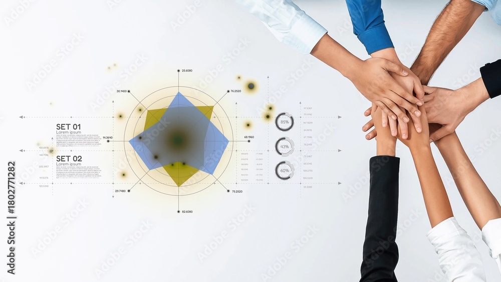 Obraz premium A diverse group of hands coming together symbolizes teamwork and collaboration, accompanied by a modern data visualization, showcasing success and partnership in business. Raster