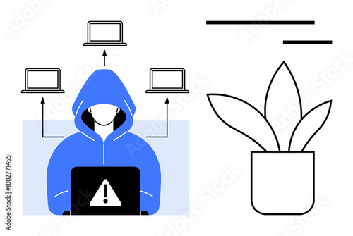 Hooded figure using a laptop with alert sign, connected to multiple computers, minimal plant on side. Ideal for cybersecurity, hacking, data breaches, technology, warning, system protection minimal