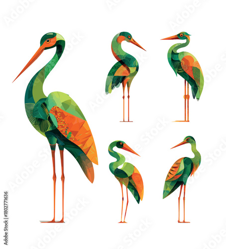 Exotic bird looking around cartoon vector set. Heron long legs beak yey feathers, flying animal turning head isolated on white background