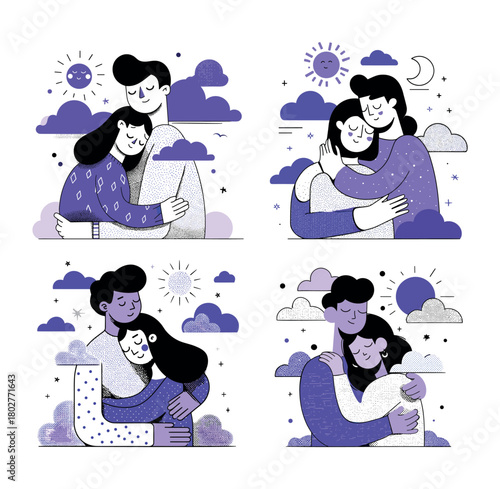 Family of two giving a hug cartoon vector set. Couple in love with clouds and stars, characters dreamy relationships cosmic style purple colors black lines and dots isolated on white background