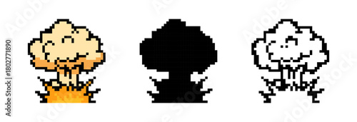 Pixel Art Image Set Showing Explosion in Different Styles for Graphic Design