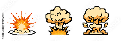 Sequence of Explosion Mushroom Clouds Displayed in Pixel Style