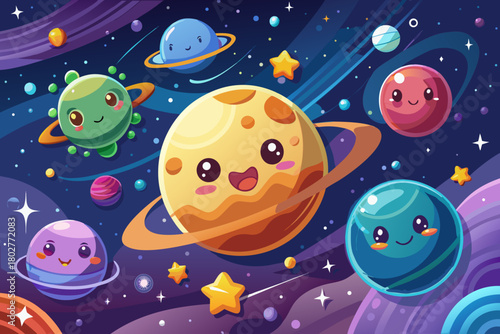 Floating planets with cute faces cartoon illustration, shooting stars and a tiny rocket flying joyfully across