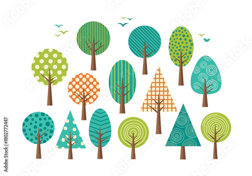 Stylized illustration of various patterned trees with small birds flying above