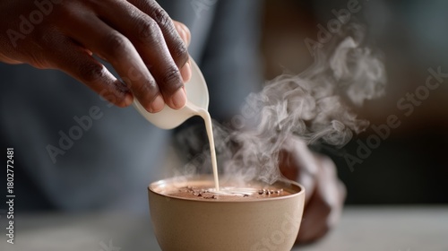 Wallpaper Mural Young black man barista skillfully pouring steamed milk into a bowl, creating beautiful latte art with swirling patterns, showcasing expertise in coffee preparation and presentation Torontodigital.ca
