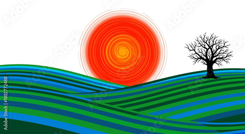 Stylized landscape with a large red sun striped hills and a bare tree silhouette