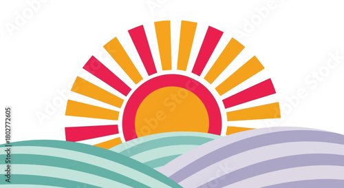 Stylized rising sun over rolling striped hills in teal and lavender