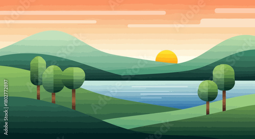 Stylized sunset over layered green hills and a blue lake with trees