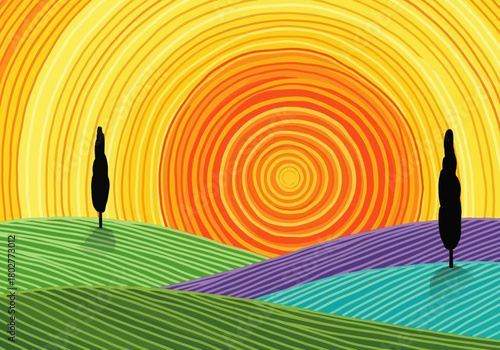 Swirling yelloworange sun over rolling green and purple striped fields with two cypress trees