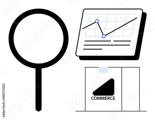 Magnifying glass, analytics graph, and e-commerce icon emphasize research, data-driven decisions, growth strategies. Ideal for business, marketing, analysis, e-commerce innovation technology