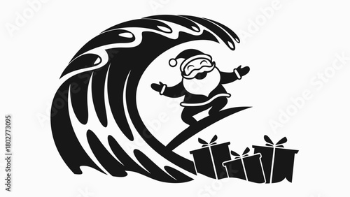 Santa Claus surfing on wave with presents during Christmas season  