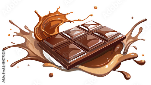 Ultra realistic dark chocolate bar with dramatic cocoa liquid splash effect around it, rich glossy chocolate texture, high-contrast studio lighting, droplets frozen mid-motion